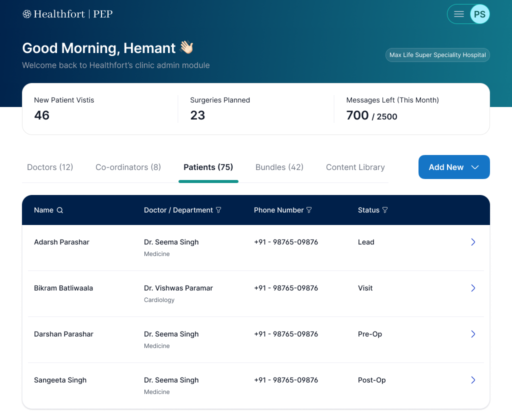 PEP Dashboard - Patient Engagement Platform
