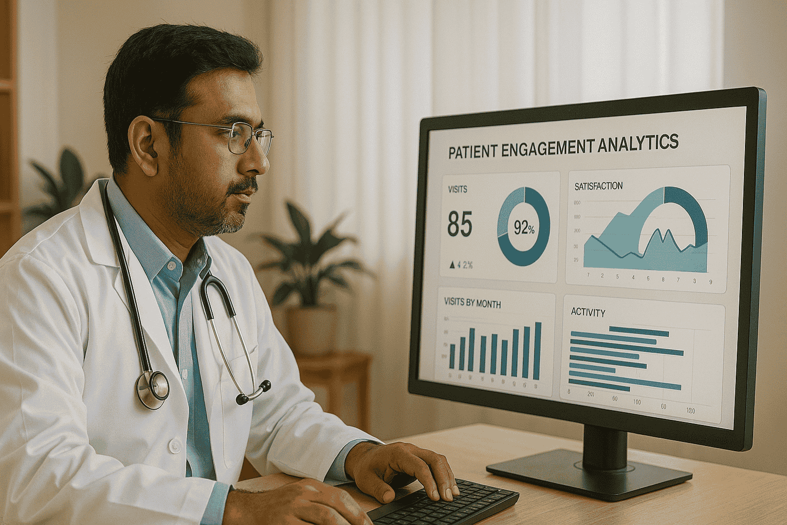 Doctor analyzing patient engagement analytics on computer